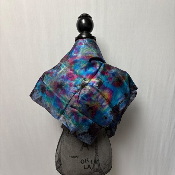 Handsewn Pure Silk Scarf Vibrant Multicolor Tie-Dye Design Fashion Accessory - Picture 2 of 7
